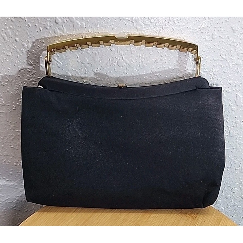 Vintage Ande Clutch/ Purse / Bag: Black‎ Satir with Gold Stiff Handle and Clasp